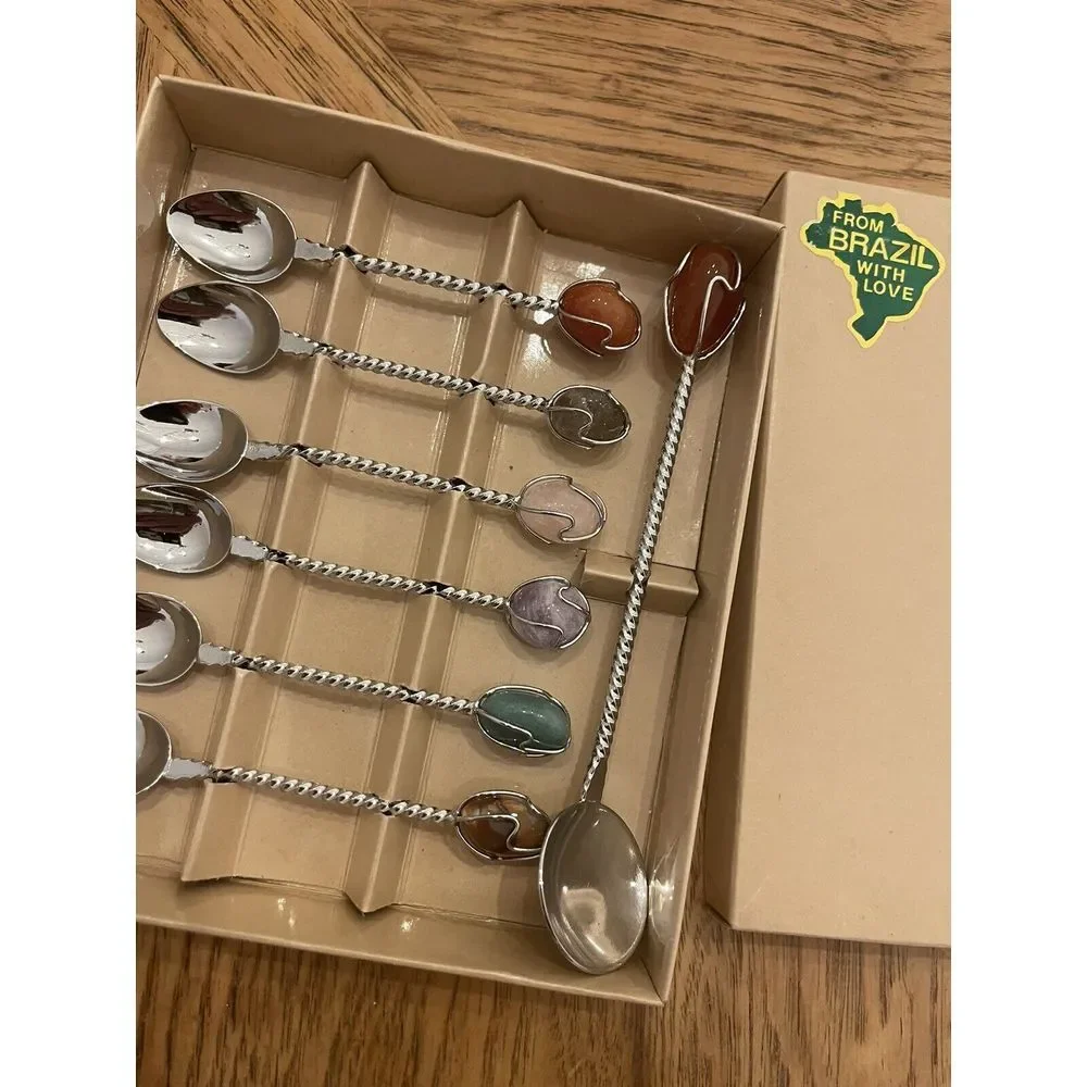 DEMITASSE Spoon Set Natural Gem Stone Twisted BRAZIL‎ With Love Coffee Bar NIB